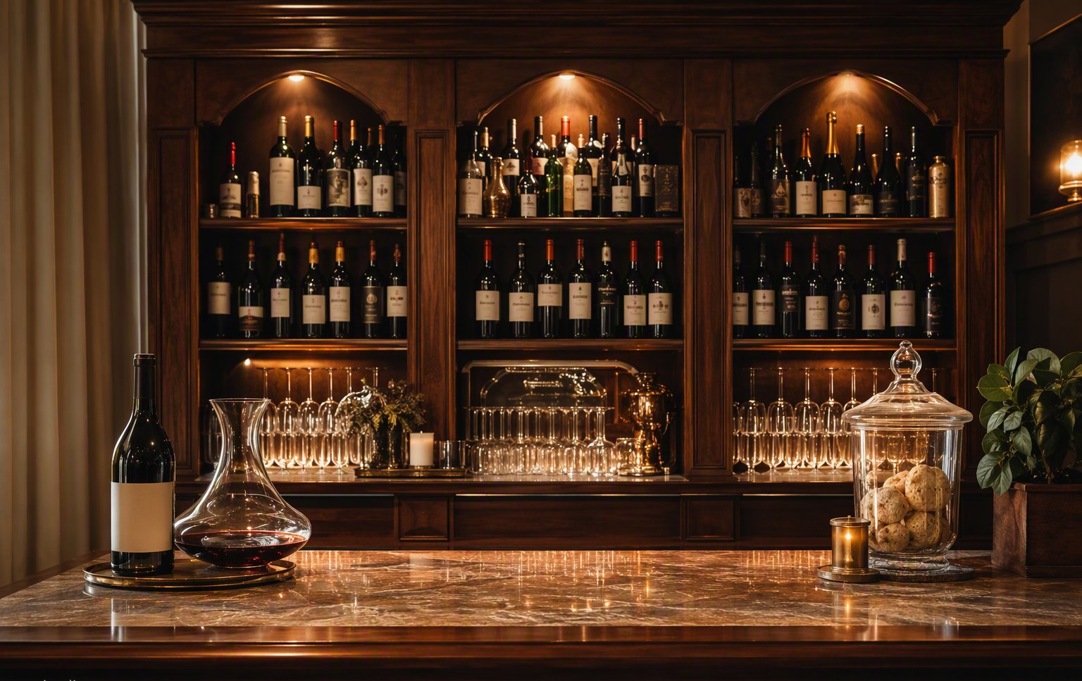 Il banco dei vini con le bottiglie nelle nicchie